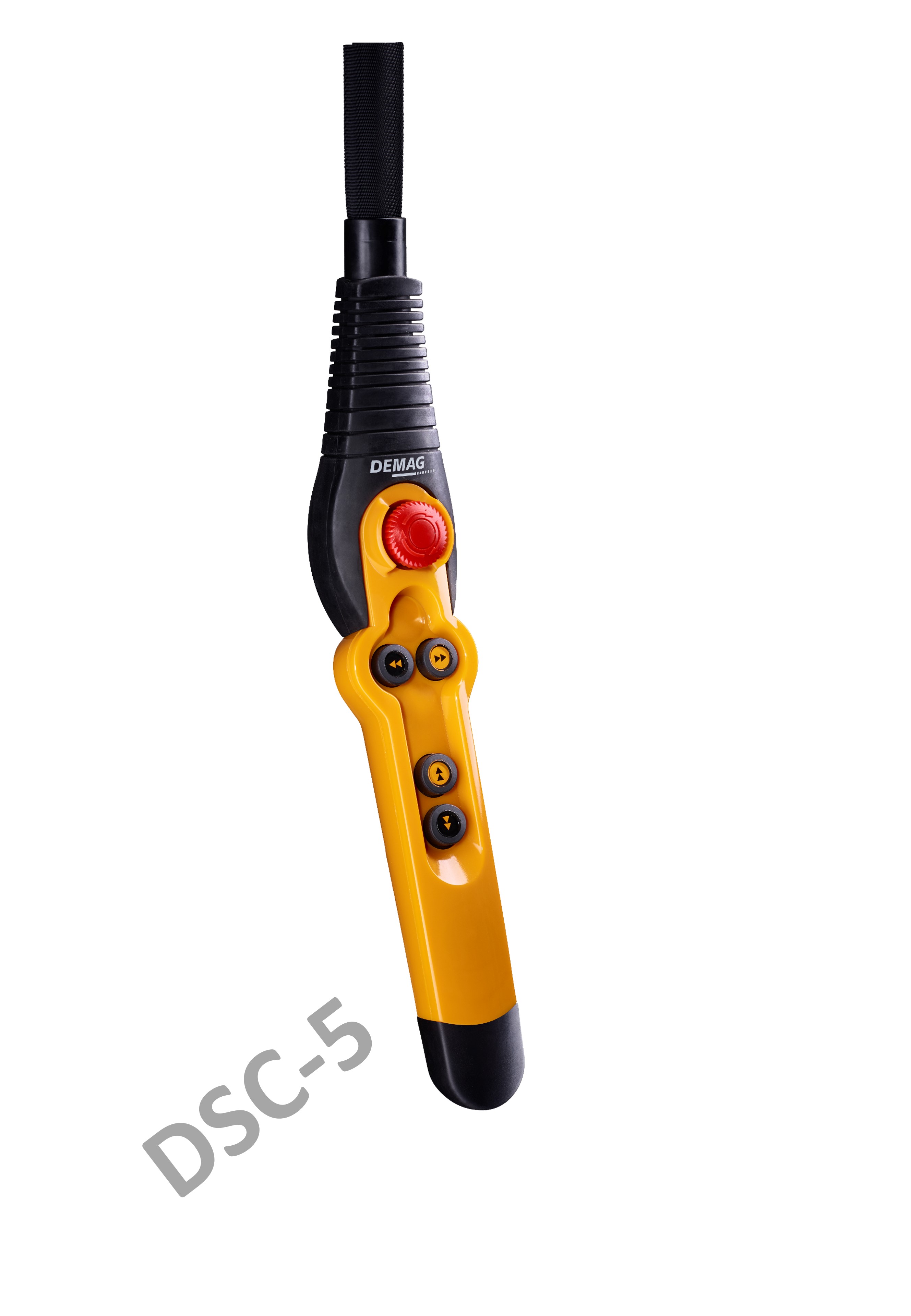 Cranetool-DEMAG-Steuerschlater DSC-5 zweistufig  4-Taster und rotem Not-Aus Taster mit schwarzer Schutzkappe auf der weißen Unterlage.