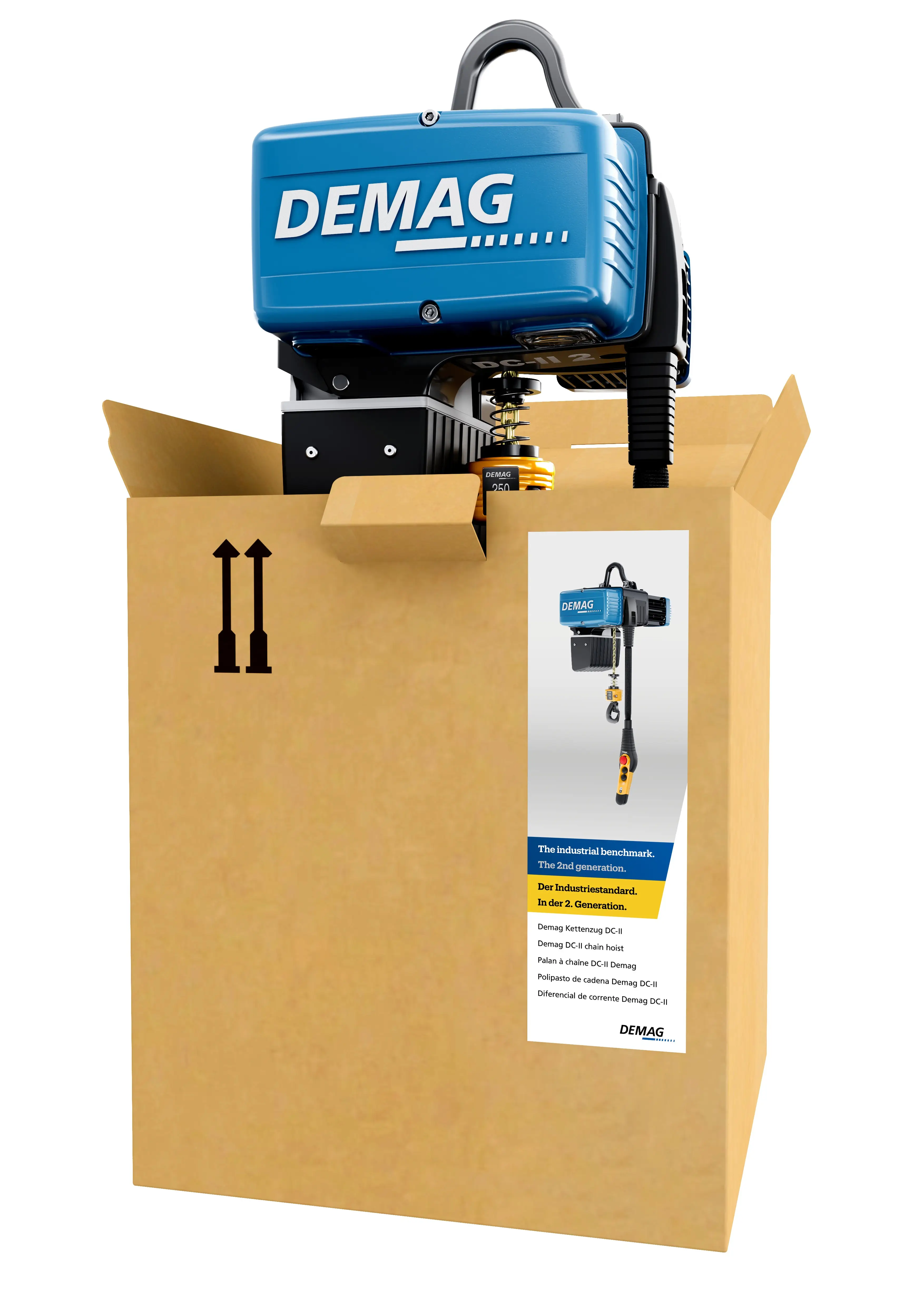 Cranetool-DEMAG-Elektrokettezug-DC-Pro II – teilweise im Karton dargestellt, kurzfristig ab Lager verfügbar.