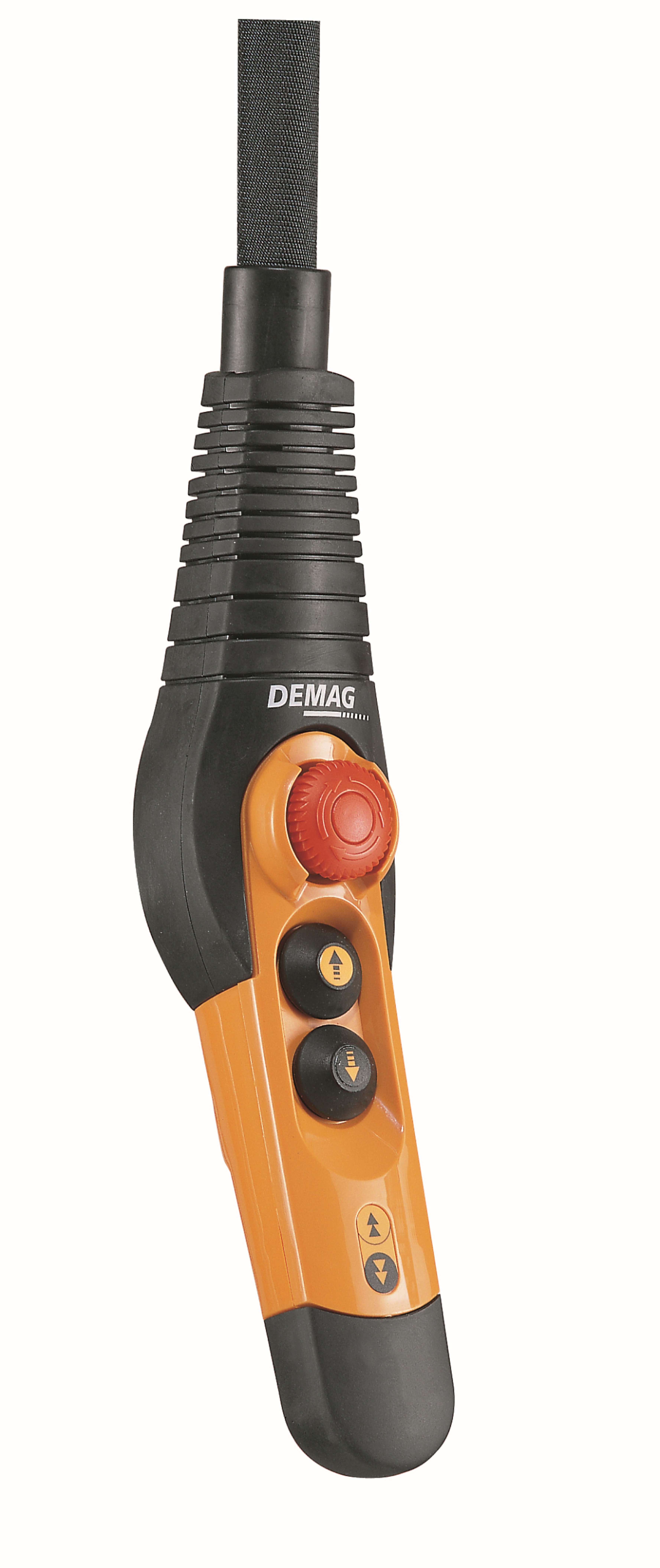 Cranetool-DEMAG-Steuerschlater DSC-S  stufenlos 2-Taster und rotem Not-Aus Taster, die schwarzer Schutzkappe liegt neben dem Schalter auf der weißen Unterlage.
