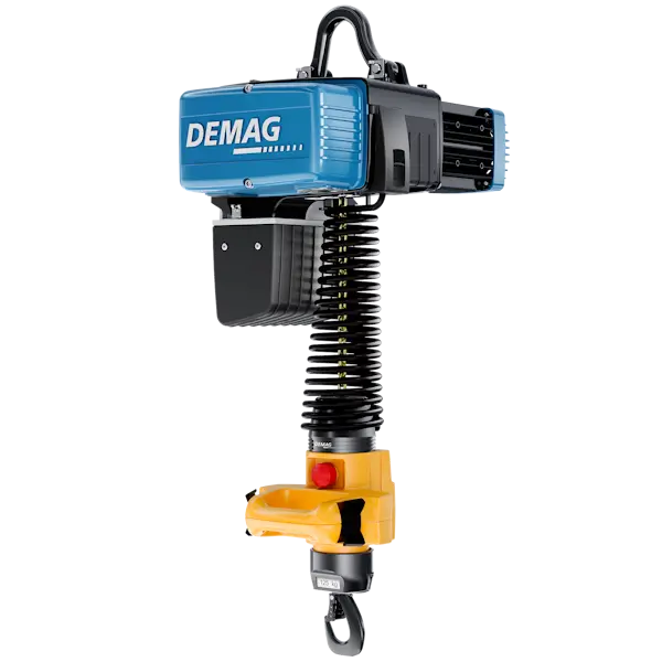Cranetool - DEMAG Elektrokettenzug DCM-Pro II, Manulift mit Kettenspeicher, Manulift-Schalter für Einhandsteuerung, Spiral-Steuerkabel und Tragöse, Ansicht auf weißem Hintergrund, von rechts unten fotografiert.
