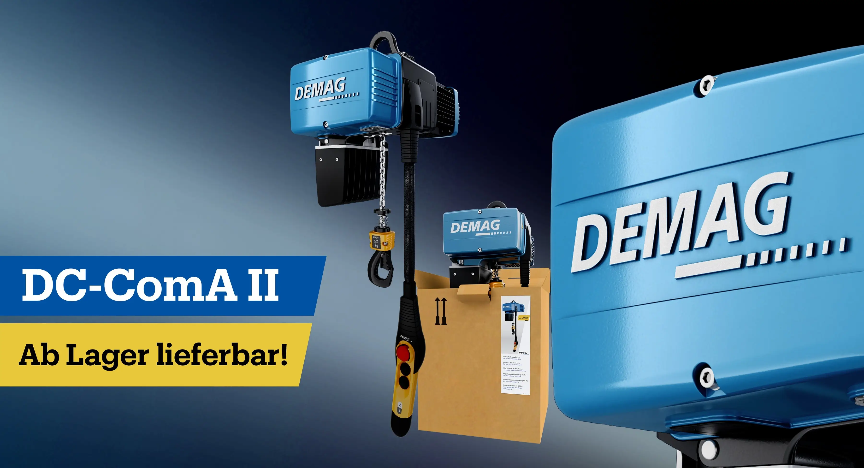 Cranetool-DEMAG Elektrokettenzug DC-ComA II - Aktionsbanner, ab Lager lieferbar.