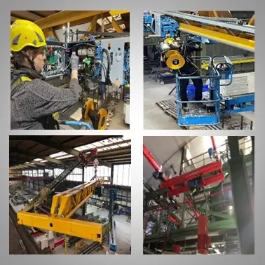 Cranetool-Kranservice – ein Bild der 4 Bereiche, Kranprüfung, Kranwartung, Krandemontage, Kranmontage.