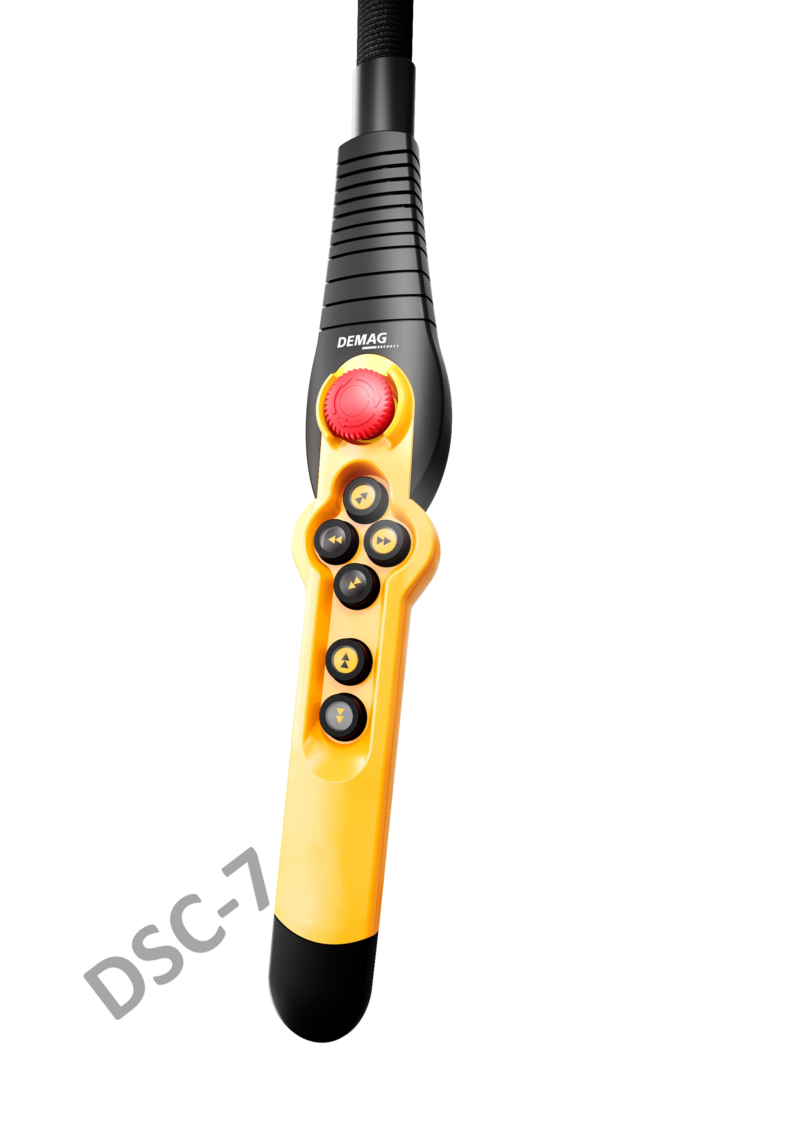 Cranetool-DEMAG-Steuerschlater DSC-7 zweistufig  4-Taster und rotem Not-Aus Taster mit schwarzer Schutzkappe  auf der weißen Unterlage.