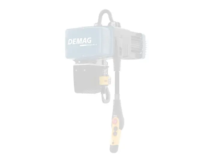 Cranetool-DEMAG Elektrokettenzug DCS-Pro II, mit stufenlosese Heben und Senken, mit Kettenspeicher, Steuerschalter, Steuerkabel,  Ansicht auf weißem Hintergrund, von Rechts Unten fotographiert - Darstellung als Wasserzeichen.