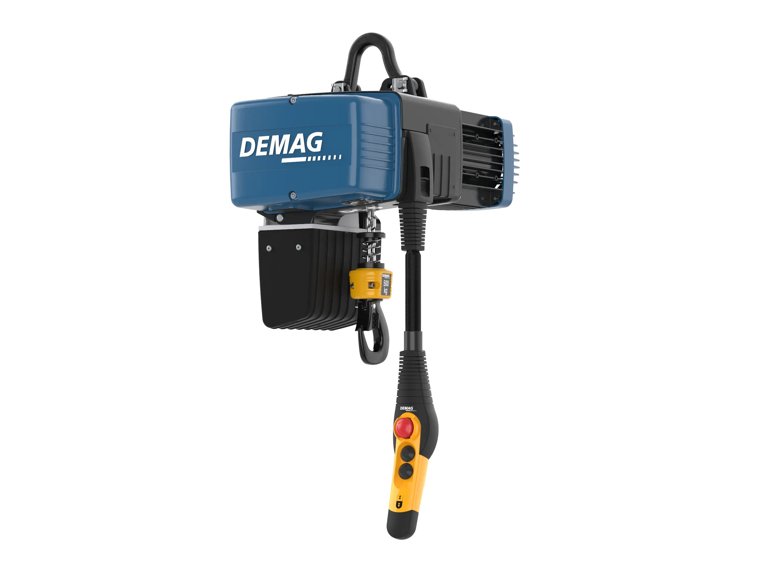 Cranetool - DEMAG Elektrokettenzug DC-Pro II, mit Kettenspeicher, Steuerschalter, Steuerkabel und Tragöse, Ansicht auf weißem Hintergrund, von rechts unten fotografiert.